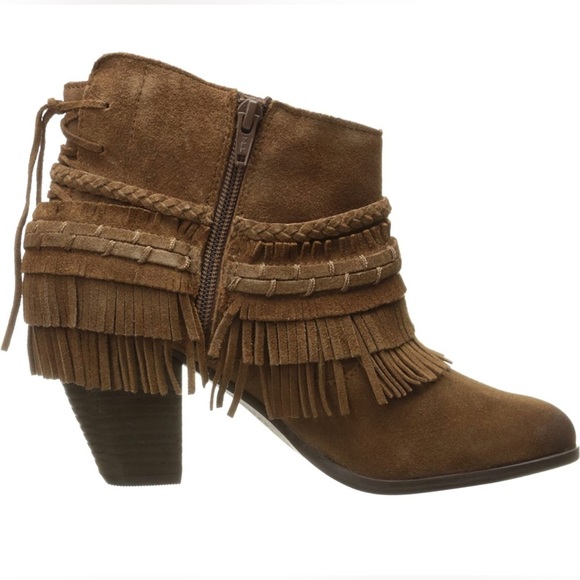 New Naughty Monkey In Lyne Boho Fringe Western Tan Suede Block Heel Ankle Boot - Picture 4 of 16